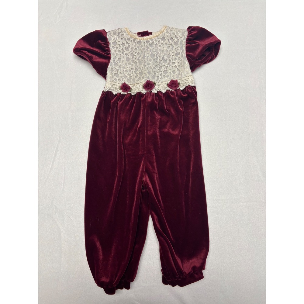 Vintage Victorian Holiday Brooke Lindsay Baby Maroon Velvet Lace Pearl Jumpsuit